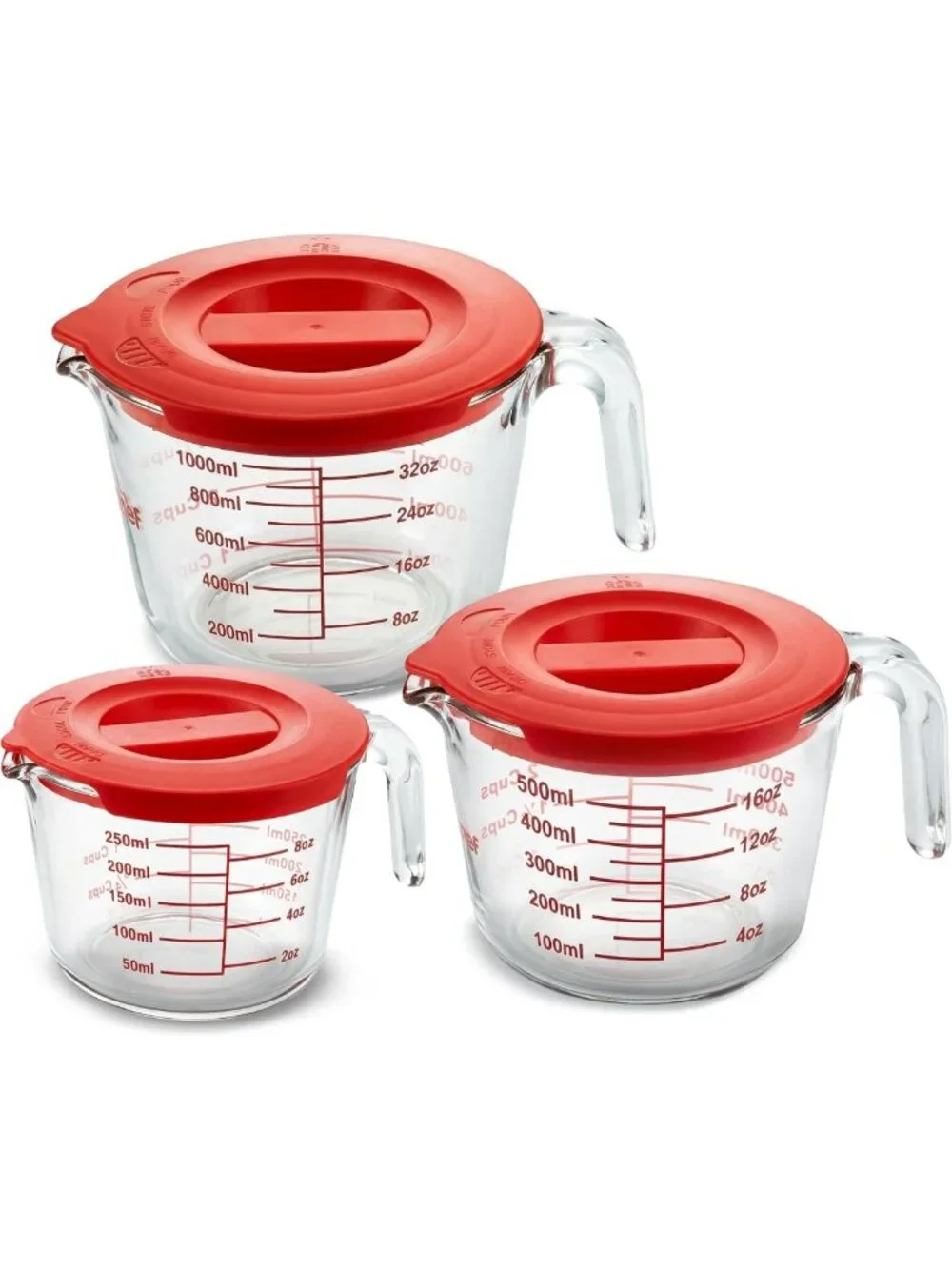Set of 3 Heat-Resistant Glass Measuring Cups with Lids - Easy-Read Scale for